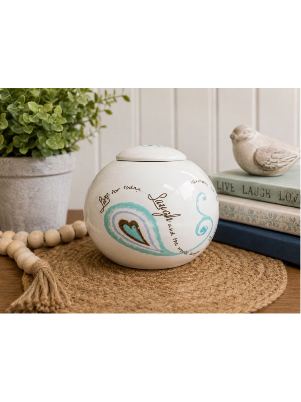 Carson Life Is A Circle Ceramic Bud Vase w/ Lid Live Laugh Love 4" White